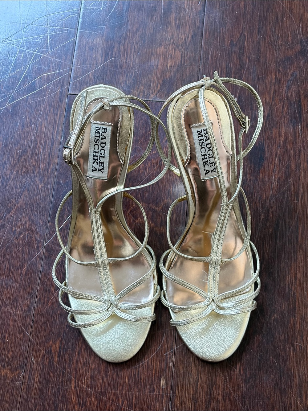 Badgley Mischka Metallic Gold Strappy T‑Bar Heels